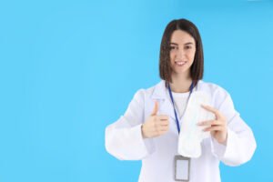 Trainee doctor with pad on blue background
